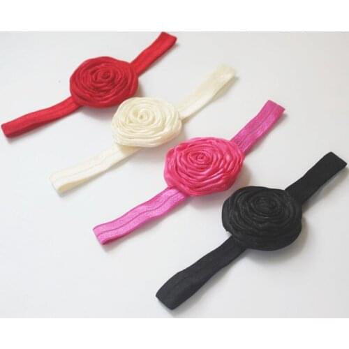 7pcs 2" Cute Voile Ribbon Rolled Rose FOE Elastic Headbands for Newborn Baby Girls Headwear Accessories