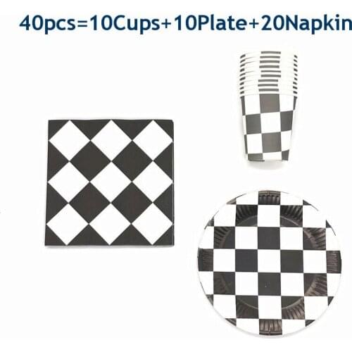 40/60pcs Racing Car Disposable Tableware Plate Cups Napkin Cloth Bunting Happy Birthday Party Decor Black White Grid Tableware