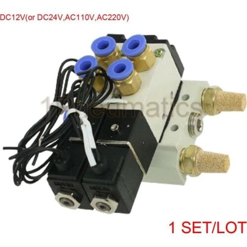 Free Shipping 4V110-06 DC 12V 2 Positions Twin Solenoid Valve Mufflers Quick Fittings Base Set