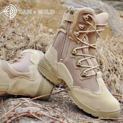 Hanwild Outdoor Men Tactical Desert Boots Zipper Breathable Hiking Trekking Combat Shoes Men Ankle Boots Plus Size 39-45