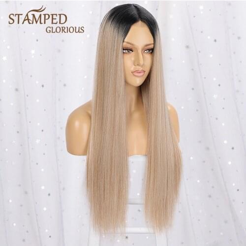 Stamped Glorious Long Straight Synthetic Wig Middle Part Ombre Blonde Wig for Women White/Orange/Brown Wigs High Temperature