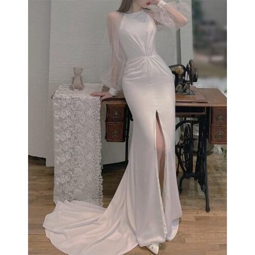 Elegant Soft Satin Sheath Simple Long Sleeve Sexy Slit Vintage Sweep Train Wedding Gown Wedding Dress Bride robe de mariée