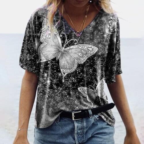 Butterfly 3D Print T Shirt 5XL Oversized Summer Tops Casual Half Sleeve V-Neck Loose Pullover Shirt Ladies Large Size Tee 2021