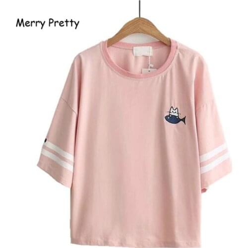 Merry Pretty Harajuku kawaii t shirt women t-shirt cotton tee kawai cat fish emberoidery funny tee tops shirt camiseta tassels