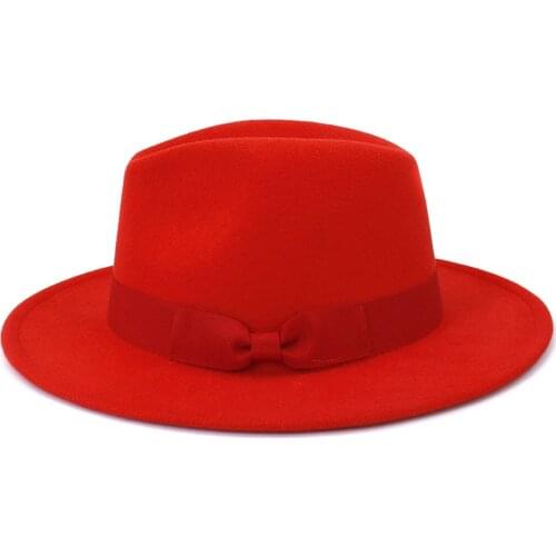 Classic Bowknot Red Fedora Womens Wide Brim Straight Side Fedora Hat Fall Winter British Retro Felt Panama Jazz Hat