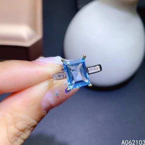 KJJEAXCMY fine jewelry 925 sterling silver inlaid natural Blue Topaz Womens men luxury noble square adjustable gem ring support