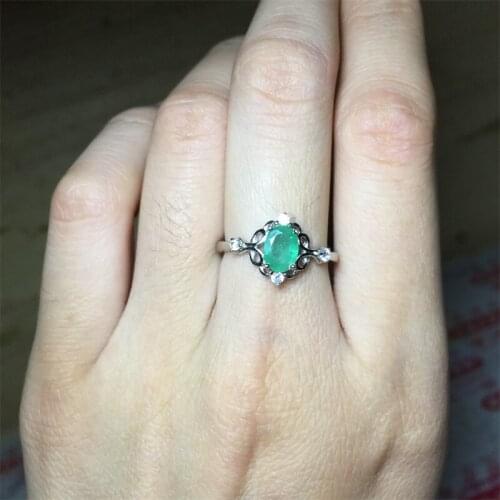 SHIQING Nature green emerald 925 sterling silver pretty ring, vintage art deco flower ring for women