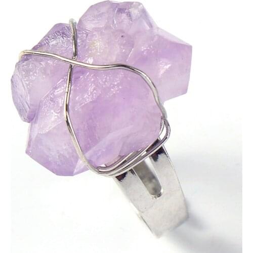 KFT Natural Irregular Stone Healing Crystal Quartz Amethysts Stone Ring For Women Party Wedding Jewelry