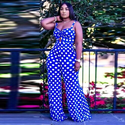 Blue White Polka Dot Print Rompers Womens Jumpsuit Spaghetti Strap Sleeveless Wide Leg Bodysuit Elegant Hollow Full Overalls