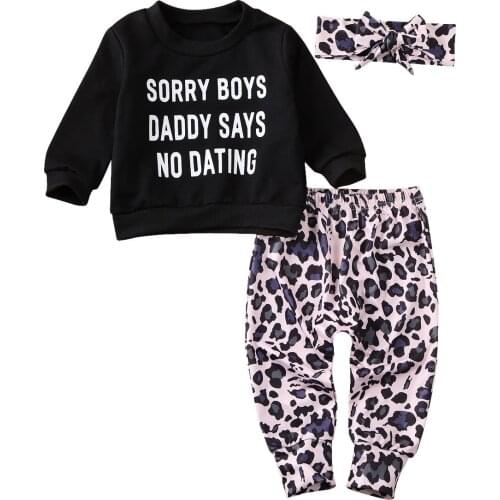 3Pcs Baby Kids Girls Sets Long Sleeve O Neck Letter Print Sweatshirts Leopard Pants Headband Children Toddler Autumn Outfit 0-4Y