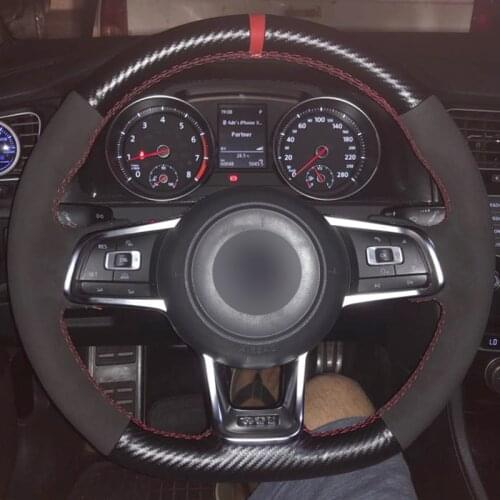 Carbon Fiber Leather Black Suede Blue Marker Car Steering Wheel Cover for Volkswagen Golf 7 GTI Golf R MK7 VW Polo GTI