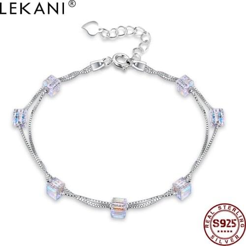 LEKANI 925 Sterling Silver Bracelet For Women Geometric Square Austria Crystal Charm Bracelets Fine Jewelry Anniversary Gift