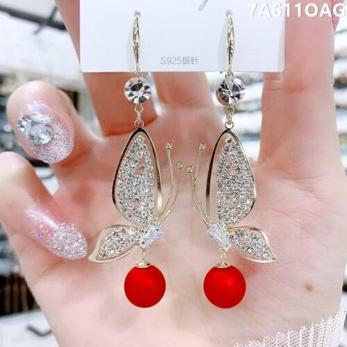 LOVOACC Luxury Full Rhinestone Simulation Wing Earrings for Women Red Pearl Hollow Butterfly Drop Earrings Exaggerated Jewelry