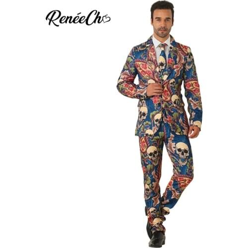 Crazy Suit Halloween Costume For Men Men`s Skulleton Suit Costume Flower Skeleton Costume Blazer Men 2018 Jacket Pants Tie Set