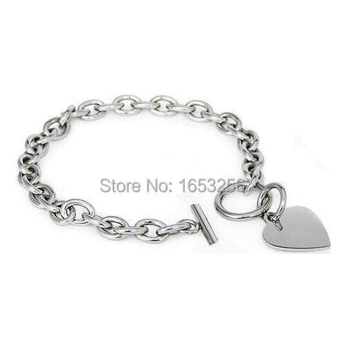 New Toggle - Clasps design Stainless Steel Sweet Heart tag Charms Oval Chain Bracelet Women / Lady Fashion