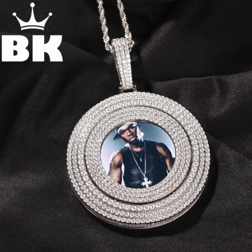 THE BLING KING White 65MM Rotating Custom Photo Pendant Necklace Gold Color Full Iced Out Zircon Round Tag Hiphop Jewelry