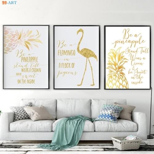 Flamingo Pineapple Print Poster Watercolor Gold Nursery Decor Quote Canvas Paianting Wall Art Pictures Living Room Home Decor