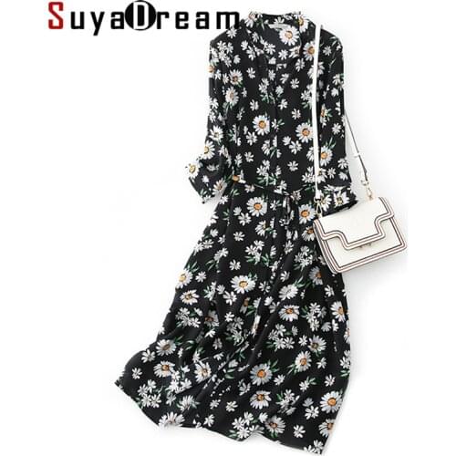 SuyaDream Woman Silk Midi Dress 100%Silk Crepe Floral Printed Half Sleeves Shirt Dress 2020 Fall Sashes Elegant Dresses Vestidos