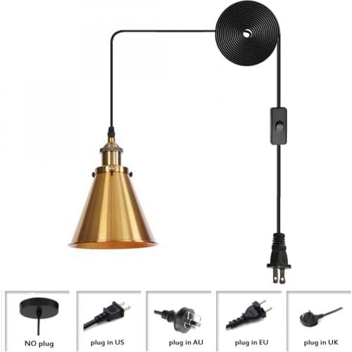 Hanging Light Fixture with Golden Painted Shade Pendant Light for Bedroom, Dining Room, Industrial Metal Plug In Ceiling Lamp