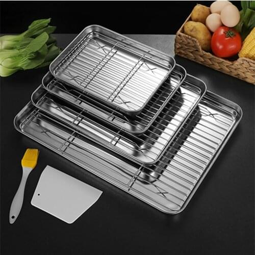 Rectangle Food Storage Trays BBQ Grid Bakeware Stainless Steel Baking Pan Steamed Sausage Fruit Pastry Plates Kitchen Utensils