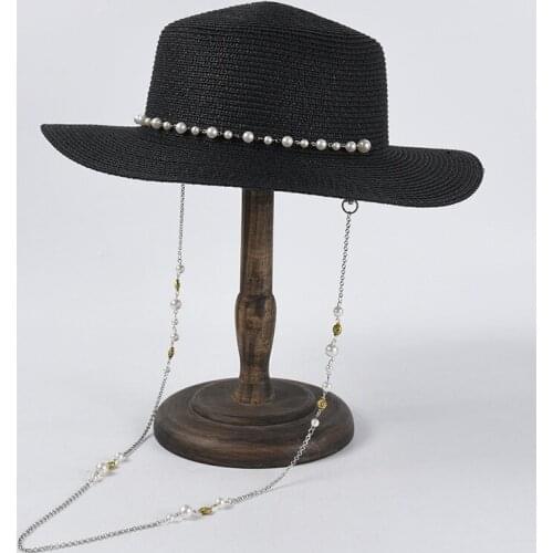 2021 New Pearl Chain Flat Top Hat For Women Female Classic White Black Wide Brim Straw Hat Korean Fashion Summer Beach Sun Hat