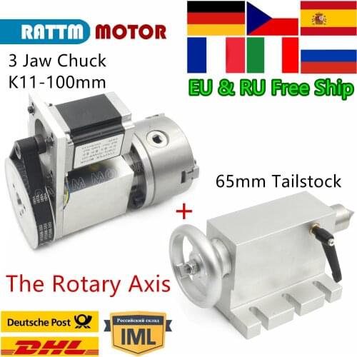 【RUS/EU Free】CNC 3 jaw Chuck K11-100mm 4th axis A aixs, rotary axis + 65mm Tailstock for Mini CNC Router/Woodworking Engraving