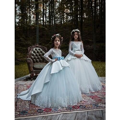 Champagne Tulle Lace Long Sleeve Flower Girl Dresses For Weddings Sweep Train Kids Princess Gown First Communion For Party