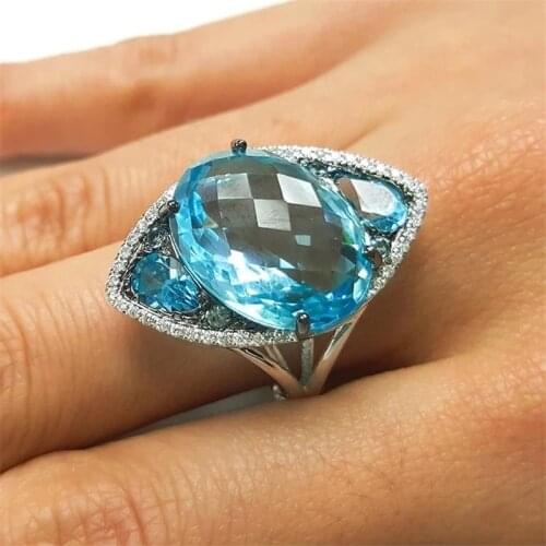 Vintage Women Rings Cubic Blue Crystal Rings Wedding Engagement Band Bridal Jewelry Valentine Day Gift Accessories