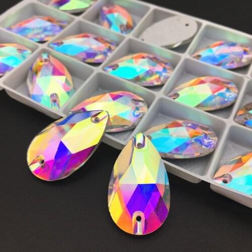 All Sizes Pear Glass Crystal Teardrop Sew On Stone Flatback 2holes Crystal Clear AB 7x12~22x38mm Drop Sewing Jewelry Beads