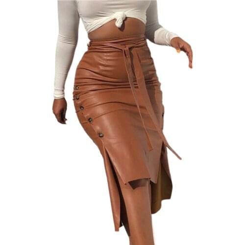 2021 New Womens Faux Leather Midi Skirt High Waist Button Trim Solid Color Slit Bodycon Pencil Skirt with Belt