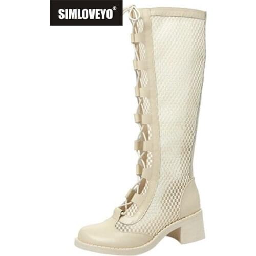 SIMLOVEYO 2021 Summer New Boots Cross Lace Up Genuine Leather Mesh Zipper Female Round Toe Square 5.5cm High Heel Ladies Shoes