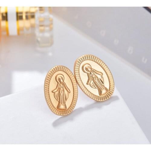 MESTILO 2019 Good Quality Gold Pleated Virgin Mary Small Stud Earrings For Women Girls Cameo Earrings Brincos Bijoux Accessories