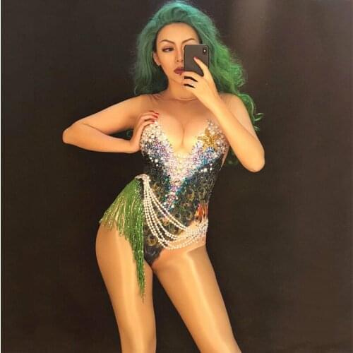 Women Sexy Colorful Series Tassel Bodysuit 3D Printed Jumpsuit Sparkling Crystals Pearl Nightclub Party Dancer Singer Stage Wear