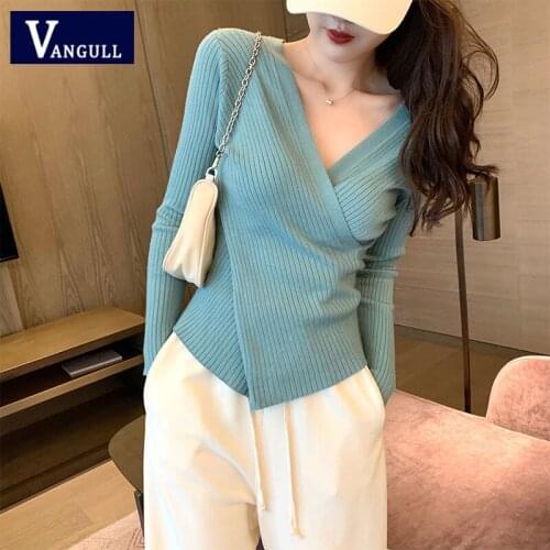 Vangull Vintage Solid V-Neck Knitted Pullover Women Spring Autumn Casual Sweater Slim Criss-cross Fashion Ladies Bottoming Tops