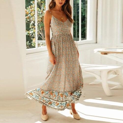 2021 Summer Sleeveless Straps Dress French Floral Print Dresses Women Casual Beach Long Dress Holiday Bohemia Female Vestido