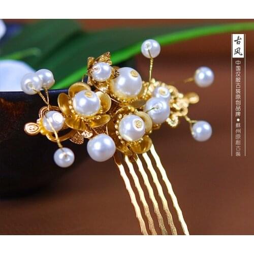 Golden Jade Petal Beading Handmade Hair Comb for Hanfu Costume Accessory