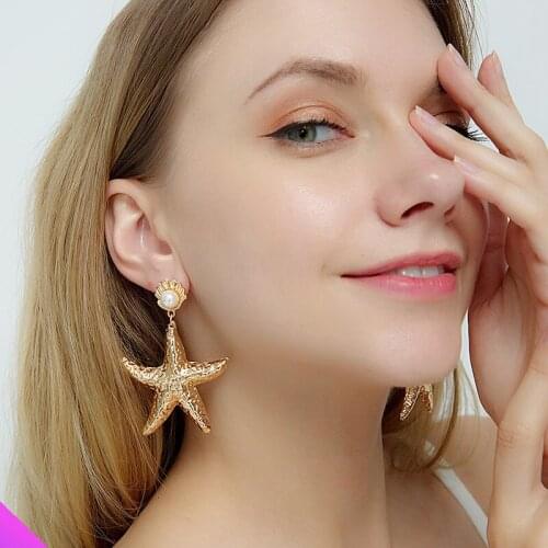 Golden starfish earrings alloy inlaid pearl ladies girl fashion jewelry gift 2 colors 2021 new