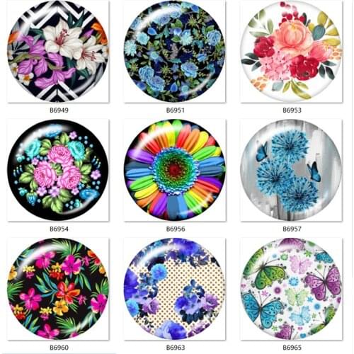 10pcs mixed flower art Butterfly 12mm/18mm/20mm/25mm Round photo glass cabochon demo flat back Making findings B6949