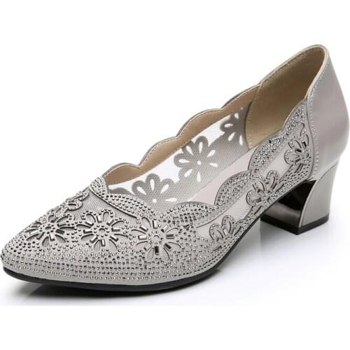 2020 Summer Fashion Hollow Out Genuine Leather Pumps Women Shoes Medium Heels Square Heel Mesh Ladies Office Shoes Crystal
