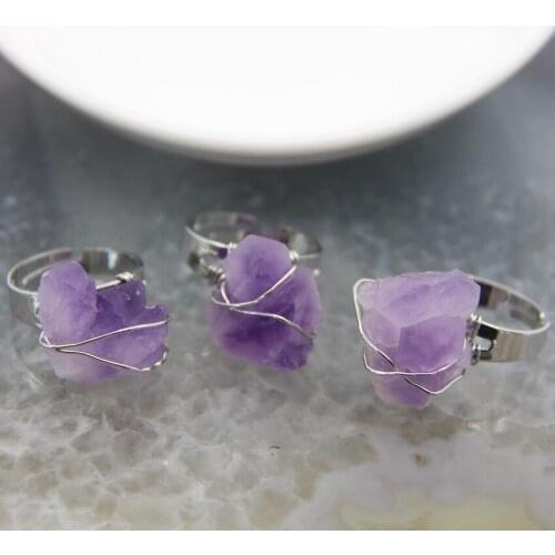Irregular Natural Amethyst Nugget Adjustable Finger Rings,Healing Energy Purple Quartz Crystal Rings Jewellry Gift For Women