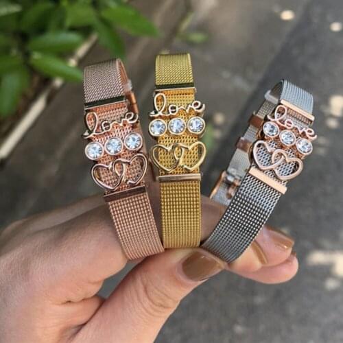 Beichong Women Love Heart Statement Silver Rose Gold Stainless Steel Mesh Keeper Bracelets for Slide Charms DIY Bracelets