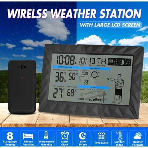 Wireless Weather Station Outdoor Remote Sensor Thermometer Hygrometer Humidity Snooze Clock Sunrise Sunset Calendar with Icon