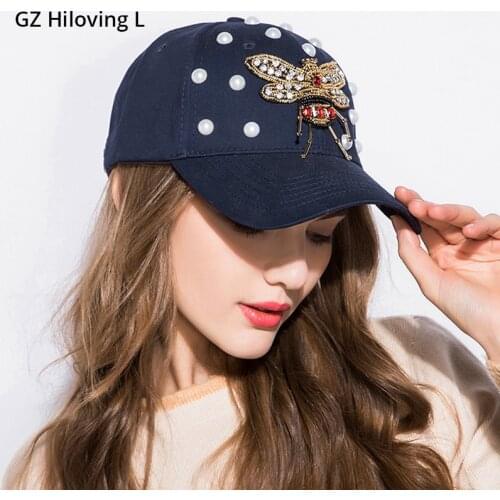 GZHilovingL New Design Womens Rhinestone Hats With Bees Baseball Snapback Hip Hop Caps Adjustable For Girls Spring Pearl Hat