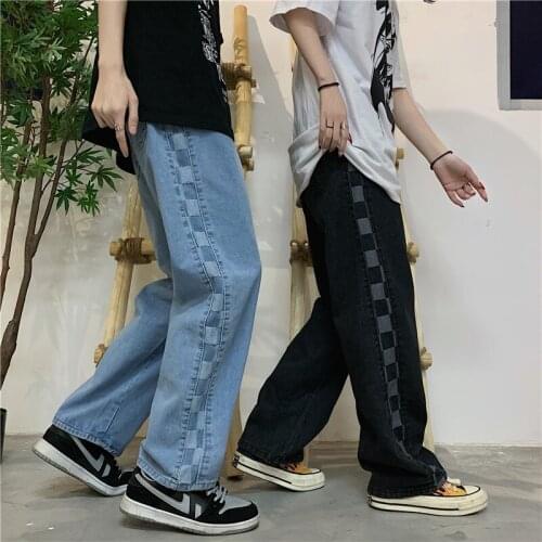 Japanese Korean retro streetwear side checkerboard plaid pieces stitching denim trousers men woman fashion new jeans jogging
