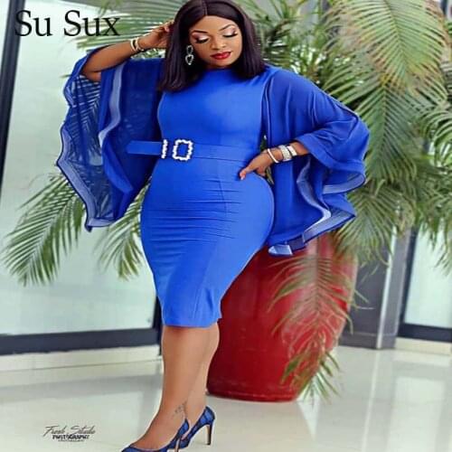 Elegant Chiffon Flare Sleeve Dress Women African Clothes Office Lady O-Neck Knee Length Bandage Dress Vestidos Robe