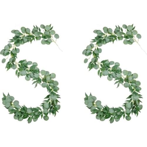 2PCS 1.8M Fake Eucalyptus Willow Leaves Green Plants With 2M Artificial Silver Dollar Eucalyptus And Willow Leaves Vines