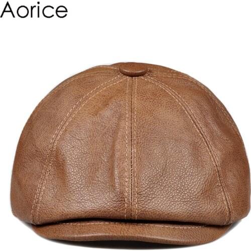 Aorice man genuine cow leather beret cap hat 2020 winter new boy men baseball caps hats