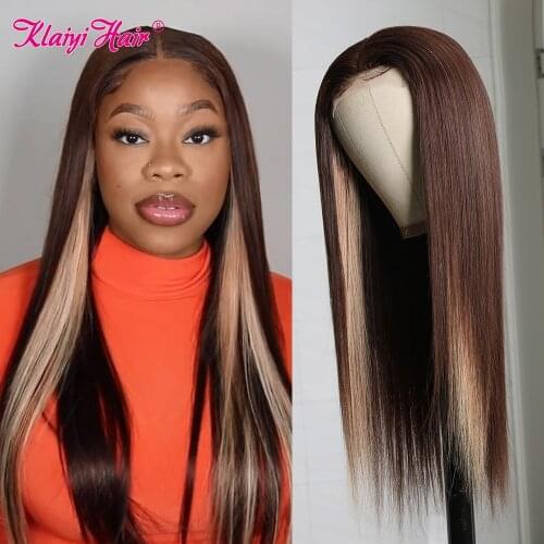 Klaiyi Highlight Brazilian Hair 4x1 T Part Lace Wig 18-22 Inch Straight Human Hair Wigs For Women Chocolate Brown Lace Wig