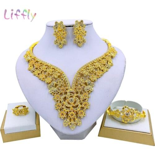 Liffly Bridal Fashion Dubai Jewelry Sets Gold Wedding Flower Necklace Earrings Bracelet Ring Women Costume Jewelry Set