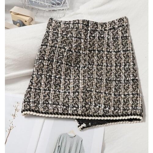 HELIAR Tweed Vintage Irregular Mini Skirt Plaid Winter Women Skirts High Waist Office Lady Button Bodycon Midi Skirts Chic 2021